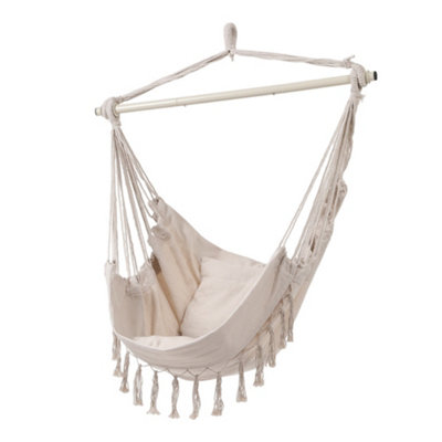 Beige Garden Hanging Canvas Hammock Swing Chair with Cozy Seat & Back Cushion Out/Indoor
