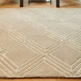 Beige Geometric Wool Handmade , Luxurious , Modern , Wool Easy to clean Living Room and Bedroom-120cm X 170cm