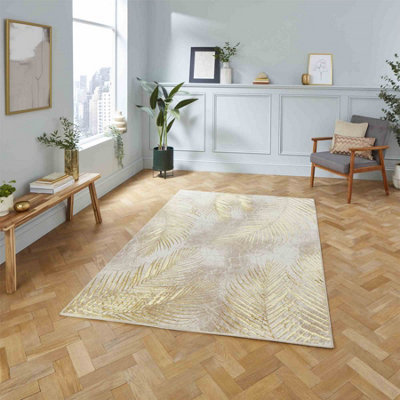 Beige/Gold Nature Print Luxurious Modern Easy to Clean Rug for Living Room Bedroom and Dining Room-120cm X 170cm