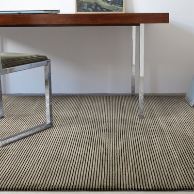 Beige Green Plain Striped 11mm Thick Anti-Shed Rug For Bedroom, Dining ...