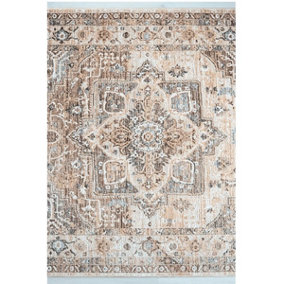 Beige Grey Abstract Bordered Traditional Polypropylene Rug For Living Room, Dinning Room - 160cm X 230cm (5ft. 2in. X 7ft. 6in.)