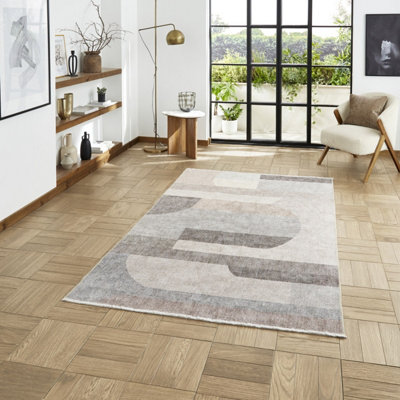 Beige Grey Geometric 5mm Thick Rug, Stain-Resistant Modern Rug for Bedroom, Living Room, & Dining Room-60cm X 170cm
