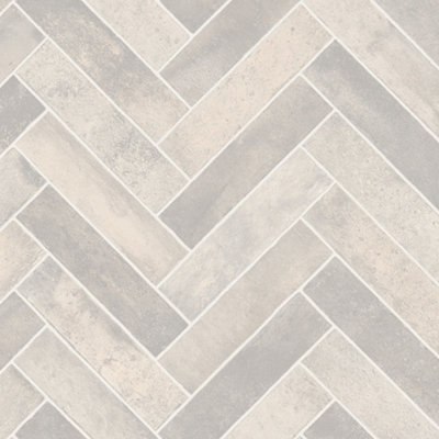Beige Grey Herringbone Pattern Stone Effect  Vinyl Flooring For DiningRoom Conservatory And Kitchen Use-2m X 4m (8m²)