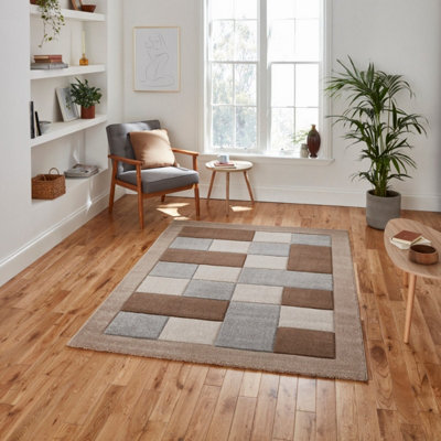 Beige Grey Modern Bordered Chequered Geometric Rug For Dining Room-60cm X 120cm