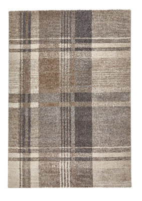 Beige/Grey Modern Tartan Easy to Clean Abstract Rug For Dining Room-120cm X 170cm