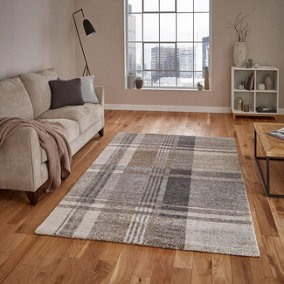 Beige/Grey Modern Tartan Easy to Clean Abstract Rug For Dining Room-160cm X 220cm