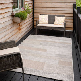 Beige Grey Patchwork Striped Woven Flatweave Textured Durable Indoor Outdoor Area Rug 200x290cm