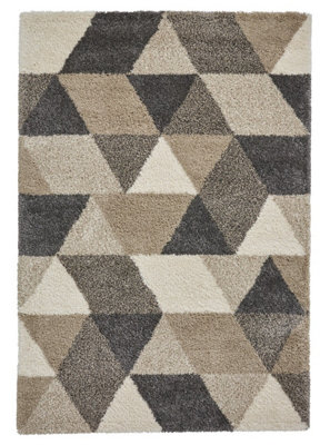 Beige Grey Shaggy Rug, Geometric Stain-Resistant Rug, Modern Shaggy Rug for Living Room, & Dining Room-120cm X 170cm