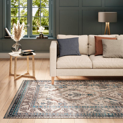 Beige Grey Traditional Bordered Medallion Washable Long Runner Rug 80cm ...