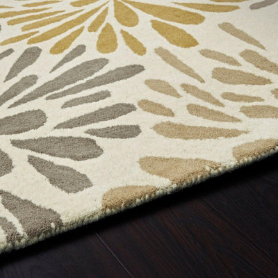 Beige Grey Wool Floral Handmade Easy to Clean Rug for Living Room and Bedroom-120cm X 170cm