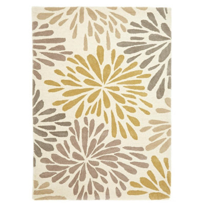 Beige Grey Wool Floral Handmade Easy to Clean Rug for Living Room and Bedroom-120cm X 170cm