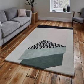 Beige Handmade Luxurious Modern Wool Geometric Rug For Bedroom & Living Room-120cm X 170cm