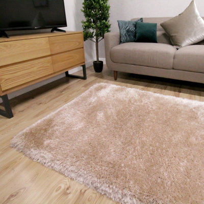 Beige Handmade Luxurious Plain Shaggy Sparkle Easy to Clean Rug for Living Room, Bedroom - 80cm X 150cm
