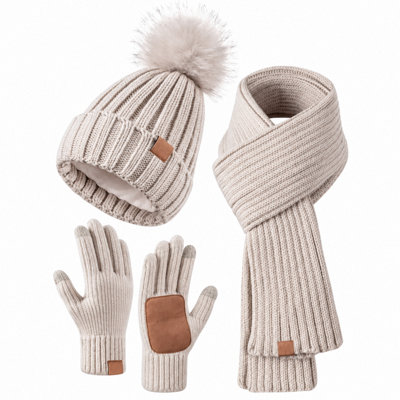 Beige Hat Scarf and Gloves Set Ladies, Winter Beanie Hat for Women with ...