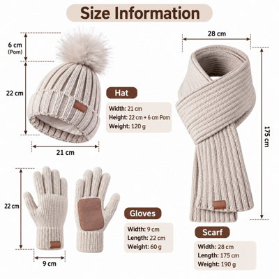 Beige Hat Scarf and Gloves Set Ladies, Winter Beanie Hat for Women with ...