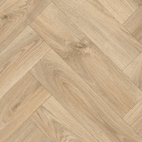 Beige Herringbone Wood Effect Vinyl Flooring For LivingRoom, Kitchen, 2.8mm Backed Vinyl Sheet-2m(6'6") X 2m(6'6")-4m²