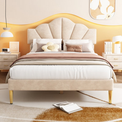 Beige King Size Velvet Upholstered Bed Frame with Adjustable Shell ...