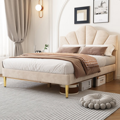 Beige King Size Velvet Upholstered Bed Frame with Adjustable Shell ...