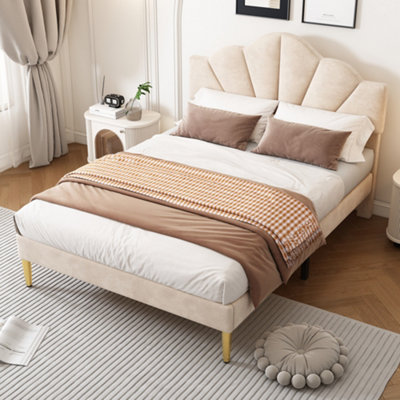 Beige King Size Velvet Upholstered Bed Frame with Adjustable Shell ...