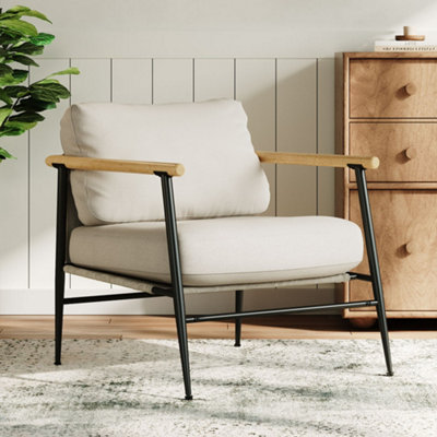 Beige Linen Armchair with Thick Cushion and Metal Frame