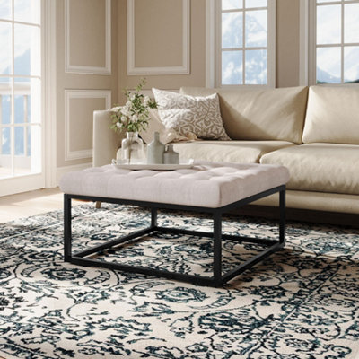 Beige Linen Button Living Room Hallway Square Bench with Metal Frame W 840 x D 840 x H 460 mm