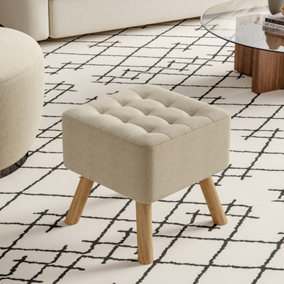 Beige Linen Fabric Button Footstool Footrest with Padded Wooden Leg W 395 x D 395 x H 400 mm