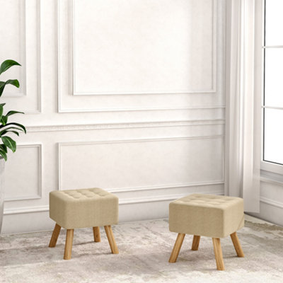 Beige Linen Fabric Button Footstool Footrest with Padded Wooden Leg W ...