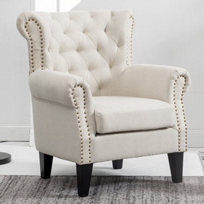 Beige Linen Upholstered Buttoned Back Nail Head Arm Armchair