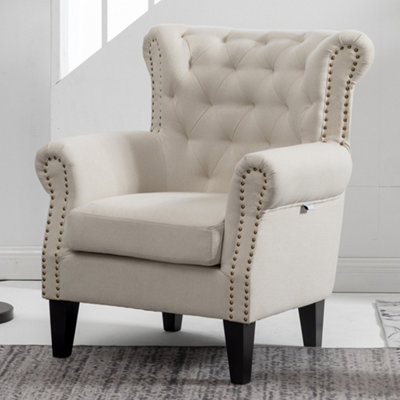 Beige Linen Upholstered Buttoned Back Nail Head Arm Armchair