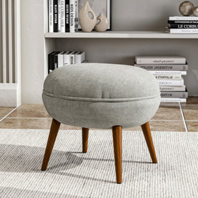 Beige Linen Upholstered Oval Footstool with Wooden Legs W 540 x D 470 x H 495 mm