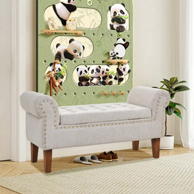 Beige Linen Upholstered Storage Bench