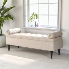 Beige Linen Upholstered Storage Ottoman Bench Bed End Bench with Rubberwood Legs W 1260 x D 440 x H 460 mm