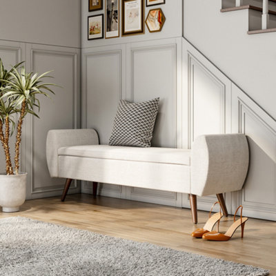Beige Linen Upholstered Storage Ottoman Bench Bed End Bench with Wood Legs W 1510 x D 470 x H 550 mm