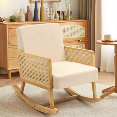 Beige Linen Wooden Rocking Chair with Wood Frame Upholstered Recliner Armchair Rocker Lounge Chair