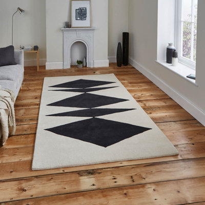 Beige Luxurious Modern Wool Abstract Geometric Rug Easy to clean Living Room and Bedroom-120cm X 170cm