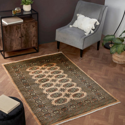 Beige Luxurious Traditional Bordered Floral Geometric Wool Handmade Rug For Living Room Bedroom & Dining Room-60cm X 90cm