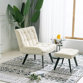 Beige Minimal Comfy Chair with Footstool Set for Living Reading Room