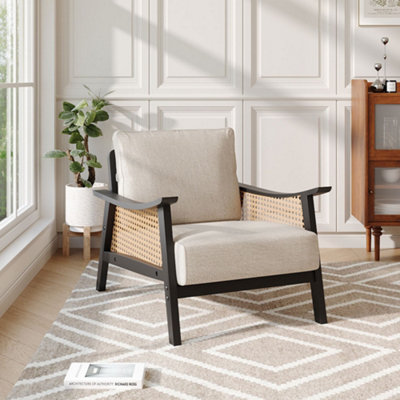 Beige Modern Accent Armchair with Wood Frame Upholstered Rattan Arms Chair for Living Room Bedroom