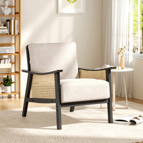 Beige Modern Accent Armchair with Wood Frame Upholstered Rattan Arms Chair