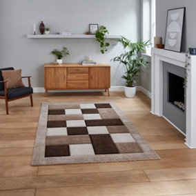 Beige Modern Bordered Chequered Geometric Rug For Dining Room-160cm X 220cm
