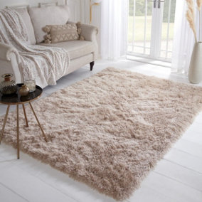 Beige Modern Plain Shaggy Easy to Clean Sparkle Rug for Living Room, Bedroom - 160cm X 225cm
