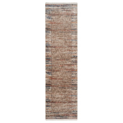 Beige Multicolour Distressed Bordered Soft Fringed Runner Rug 60x240cm