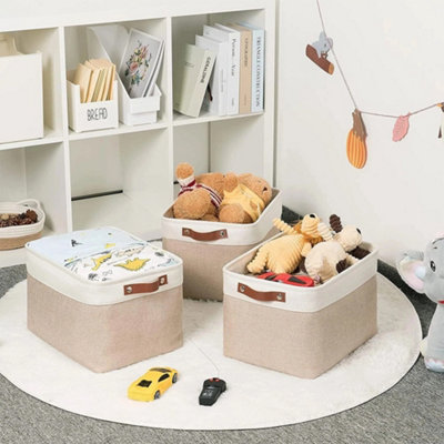 Beige Pack of 3 Fabric Cube Storage Boxes Set Foldable Organiser 28cm x ...