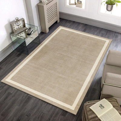Beige Plain Handmade Bordered 7mm Pile Stain-Resistant Rug For Bedroom, & Dining Room, Plain Wool Rug-200cm X 290cm