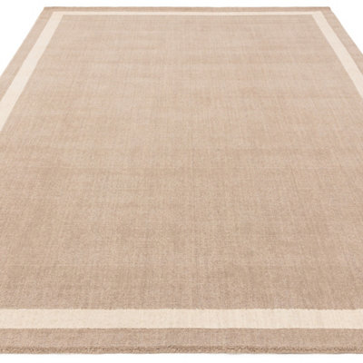 Beige Plain Handmade Bordered 7mm Pile Stain-Resistant Rug For Bedroom, & Dining Room, Plain Wool Rug-200cm X 290cm
