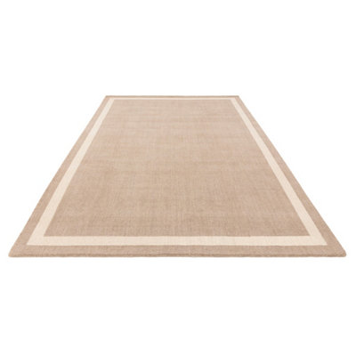 Beige Plain Handmade Bordered 7mm Pile Stain-Resistant Rug For Bedroom, & Dining Room, Plain Wool Rug-200cm X 290cm