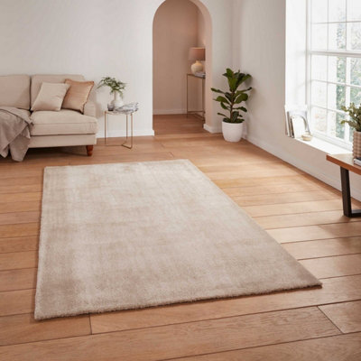 Beige Plain Shaggy Modern Rug Easy to clean Dining Room-60cm X 115cm