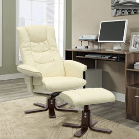 Beige PU Leather Adjustable Computer Chair with Ottoman Reading Chair with Armrests and Lumbar Support for Office