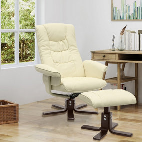 Beige Recliner Chair and Footstool Set,PU Leather Upholstered Swivel Reclining Armchair Lounger Sofa Chair with Ottoman