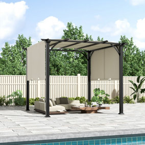 Beige Retractable Flat Roof Garden Gazebo With Awning 3m W x 3cm D x 2.4m H
